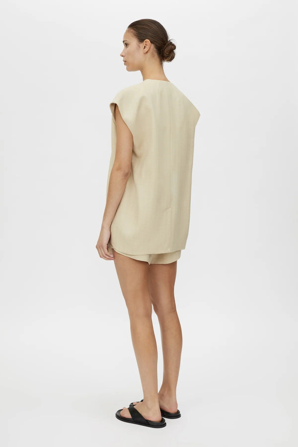 Noguchi Vest by Camilla and Marc, oversized belted vest with concealed buttons and clean tailoring for elevated modern layering.