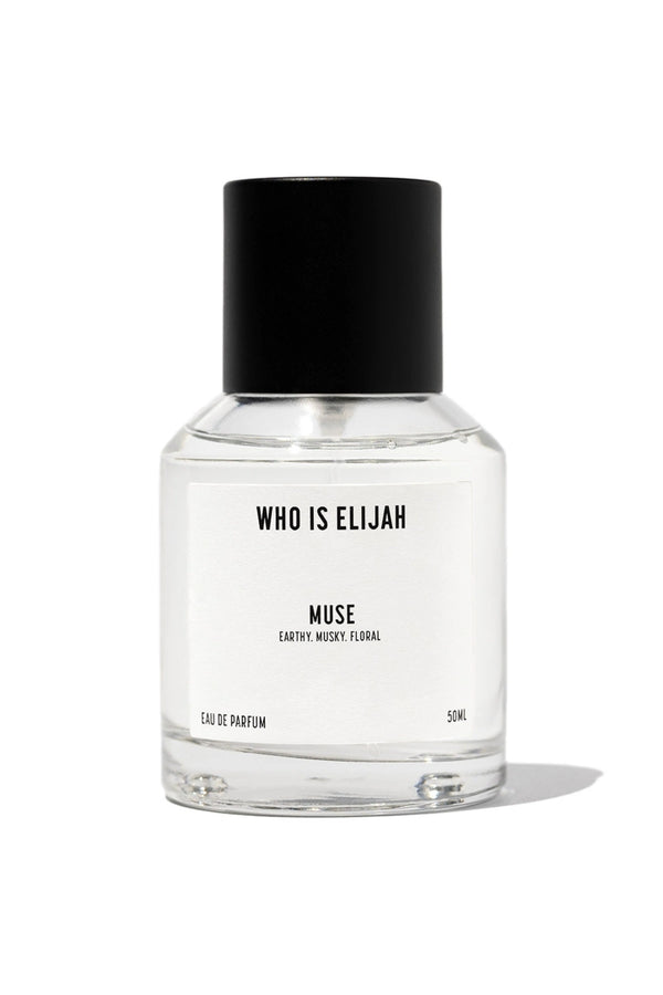 Muse 50ml by Who Is Elijah, a captivating unisex fragrance with tropical solar top notes, warm jasmine heart, and a musky, amberwood base.