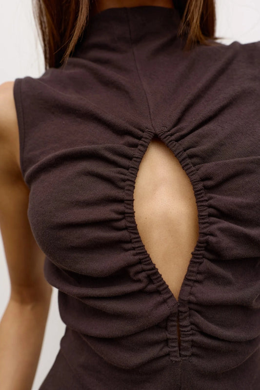 Nora Top in Charcoal by Bayse, a fitted cotton top with ruched keyhole detail, high neckline, and pointed back hem.