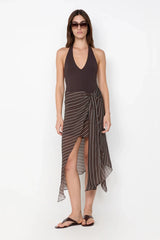 Norma Halter Dress by Bec and Bridge — a striped halter midi with a stretch bodice and georgette overlay, perfect for chic day events.