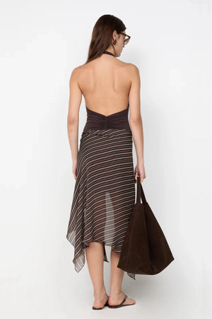 Norma Halter Dress by Bec and Bridge — a striped halter midi with a stretch bodice and georgette overlay, perfect for chic day events.