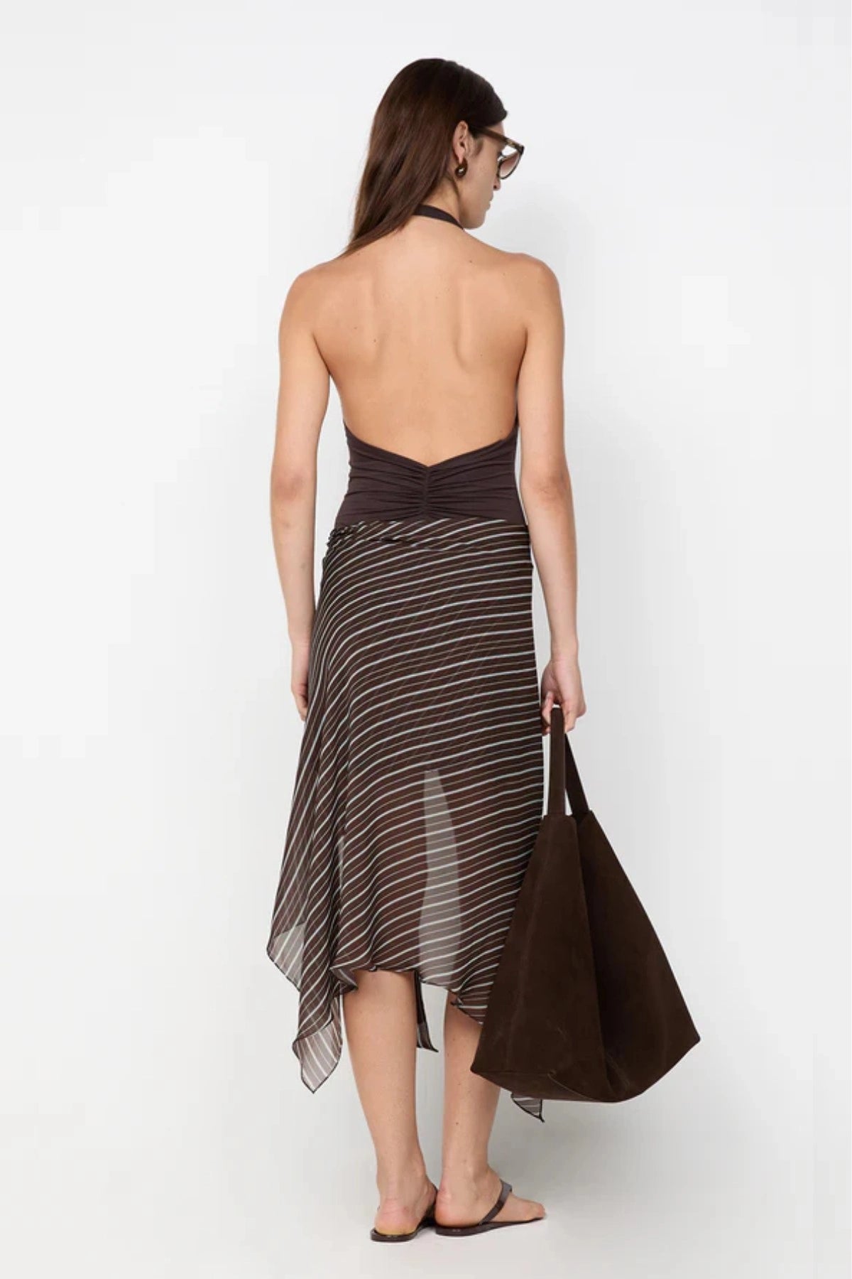 Norma Halter Dress by Bec and Bridge — a striped halter midi with a stretch bodice and georgette overlay, perfect for chic day events.