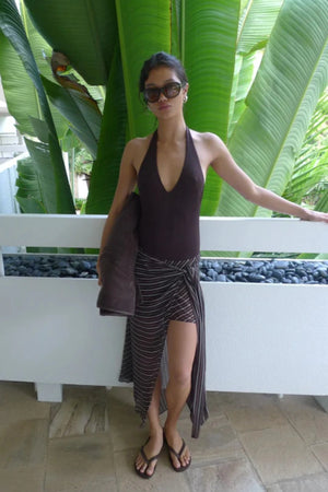 Norma Halter Dress by Bec and Bridge — a striped halter midi with a stretch bodice and georgette overlay, perfect for chic day events.