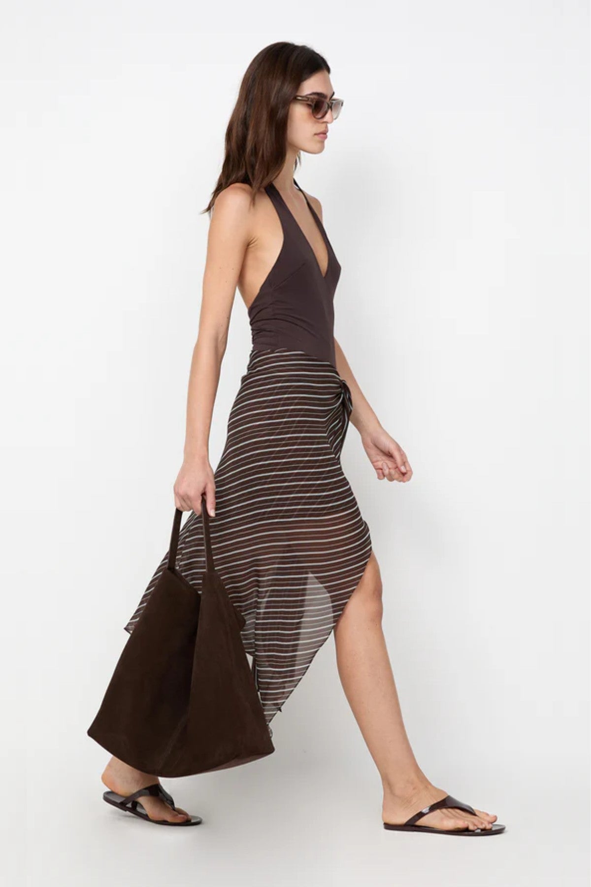 Norma Halter Dress by Bec and Bridge — a striped halter midi with a stretch bodice and georgette overlay, perfect for chic day events.