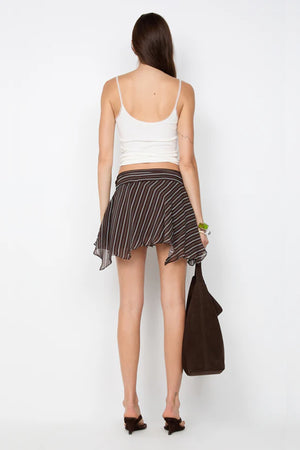 Norma Mini Skirt Dark Slice Stripe by Bec and Bridge, a low-waist flounce mini with drawstring detail and fluid drape.