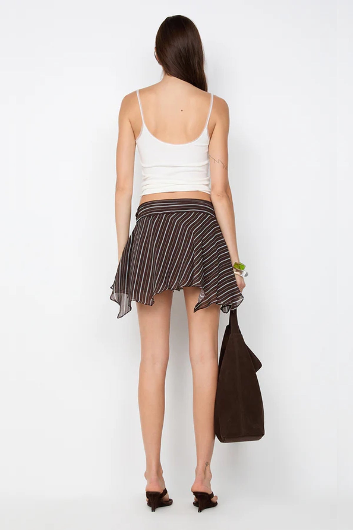 Norma Mini Skirt Dark Slice Stripe by Bec and Bridge, a low-waist flounce mini with drawstring detail and fluid drape.