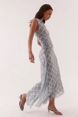 Novalyn Plaid Dress Check by Sovere, plaid midi dress with draped neckline and side tie detail. Perfect for elevated day to night styling.