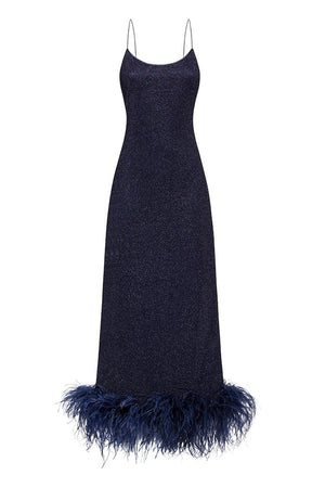 Lumiere Plumage Slip Dress Night Blue by Oséree – A luxe feather-adorned slip dress with real ostrich feathers, perfect for glamorous, trendy events and viral style moments.