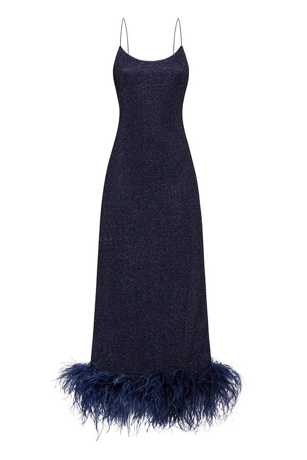 Lumiere Plumage Slip Dress Night Blue by Oséree – A luxe feather-adorned slip dress with real ostrich feathers, perfect for glamorous, trendy events and viral style moments.