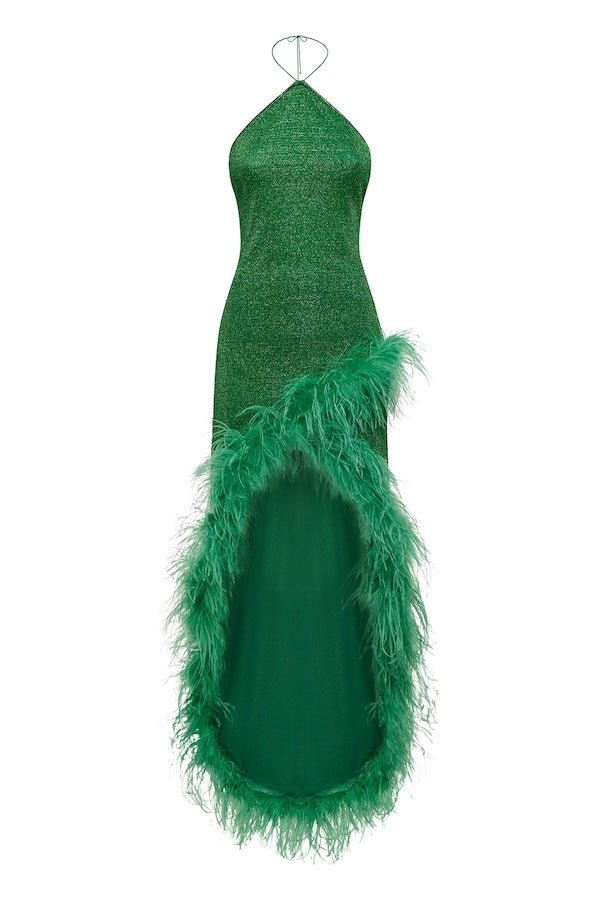 Lumiere Plumage Tulip Dress Emerald Green by Oséree – A bold, glamorous dress featuring luxurious ostrich feathers and a chic halter neck, perfect for standout events.