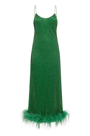 Lumiere Plumage Slip Dress Emerald Green by Oséree – A luxurious feather-adorned slip dress with real ostrich feathers, perfect for viral glam events and statement-making moments.