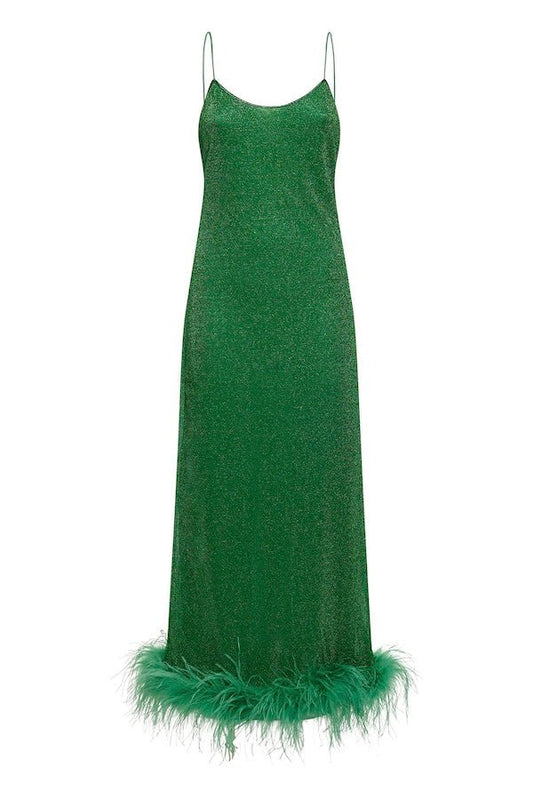 Lumiere Plumage Slip Dress Emerald Green by Oséree – A luxurious feather-adorned slip dress with real ostrich feathers, perfect for viral glam events and statement-making moments.