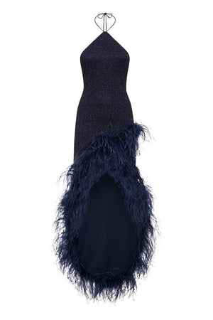 Lumiere Plumage Tulip Dress Night Blue by Oséree – A trendy, ethereal dress with delicate ostrich feathers and a halter neck, perfect for glamorous, statement-making events.