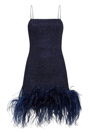Lumiere Plumage Mini Dress Night Blue by Oséree – A chic, feather-adorned mini dress with real ostrich feathers, perfect for making a viral statement at elegant events.