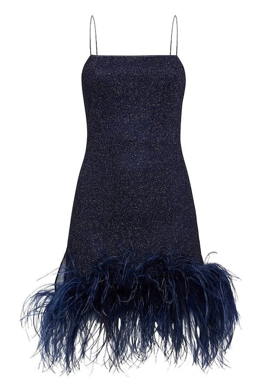 Lumiere Plumage Mini Dress Night Blue by Oséree – A chic, feather-adorned mini dress with real ostrich feathers, perfect for making a viral statement at elegant events.