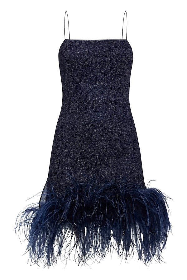 Lumiere Plumage Mini Dress Night Blue by Oséree – A chic, feather-adorned mini dress with real ostrich feathers, perfect for making a viral statement at elegant events.