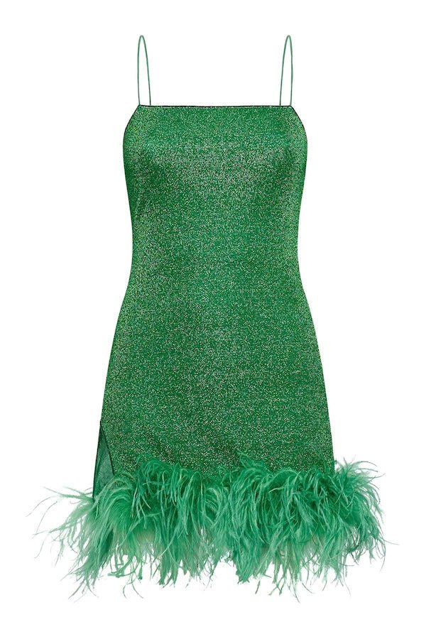 Lumiere Plumage Mini Dress Emerald Green by Oséree – A sophisticated, trendy mini adorned with real ostrich feathers, perfect for elegant evenings and standout events.