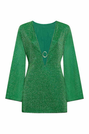Lumiere O Gem Kaftan Emerald Green by Oséree – Trendy mini dress with bell sleeves and a flattering V-neckline, perfect for standing out at chic occasions.