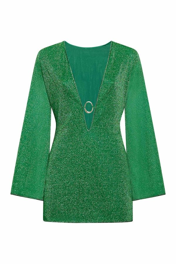 Lumiere O Gem Kaftan Emerald Green by Oséree – Trendy mini dress with bell sleeves and a flattering V-neckline, perfect for standing out at chic occasions.