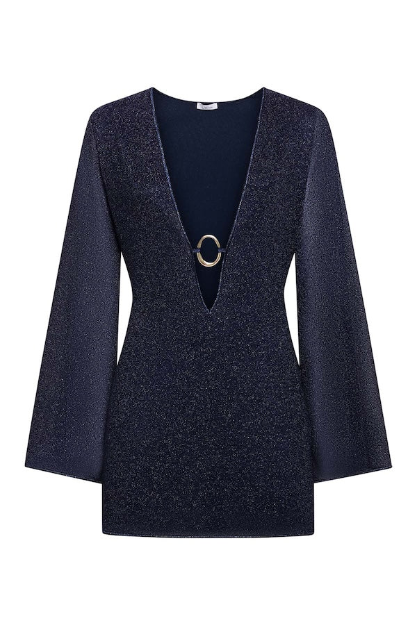 Lumiere O Gem Kaftan Night Blue by Oséree – Trendy mini dress with bell sleeves and a flattering V-neck, perfect for making a viral statement at stylish events.