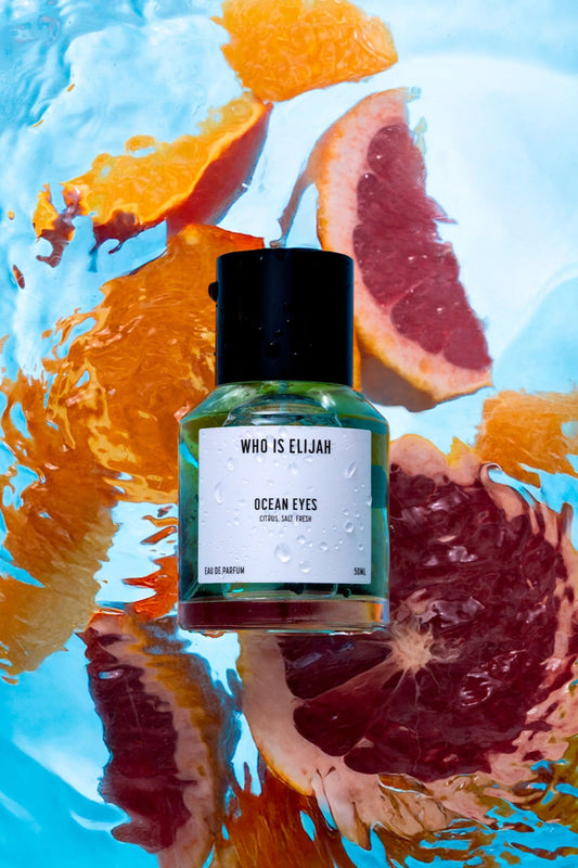 Ocean Eyes 50ML by Who Is Elijah, a refreshing citrus and aquatic fragrance with musk and amberwood undertones.