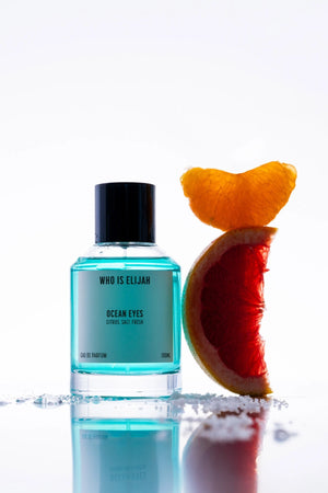 Ocean Eyes by Who Is Elijah, a refreshing unisex fragrance capturing the crisp, citrusy, salty sensation of plunging into the ocean, perfect for summer energy and invigoration.