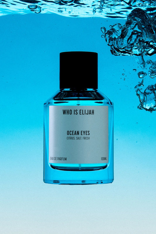 Ocean Eyes by Who Is Elijah, a refreshing unisex fragrance capturing the crisp, citrusy, salty sensation of plunging into the ocean, perfect for summer energy and invigoration.