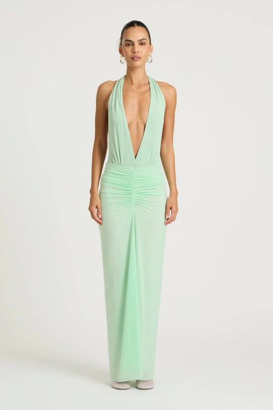 Octavia Maxi Dress by Benni, bleached aqua plunge racerback maxi with ruched bodice and flowing semi sheer chiffon skirt.