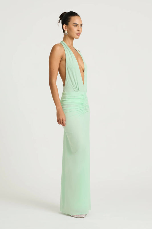 Octavia Maxi Dress by Benni, bleached aqua plunge racerback maxi with ruched bodice and flowing semi sheer chiffon skirt.