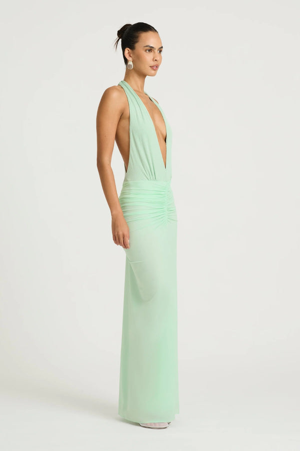 Octavia Maxi Dress by Benni, bleached aqua plunge racerback maxi with ruched bodice and flowing semi sheer chiffon skirt.