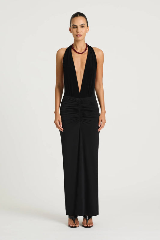 Octavia Maxi Dress in Black by Benni, bleached aqua plunge racerback maxi with ruched bodice and flowing semi sheer chiffon skirt.