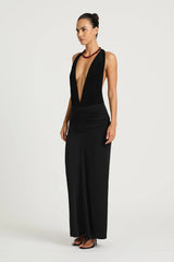 Octavia Maxi Dress in Black by Benni, bleached aqua plunge racerback maxi with ruched bodice and flowing semi sheer chiffon skirt.