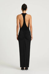 Octavia Maxi Dress in Black by Benni, bleached aqua plunge racerback maxi with ruched bodice and flowing semi sheer chiffon skirt.
