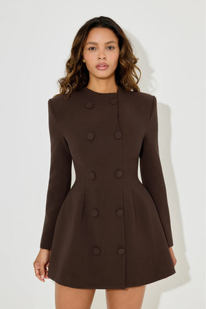 Odd Muse Ultimate Muse Button Mini Dress in dark brown with high neckline, button-up detailing, split sleeves, and tailored mini silhouette.
