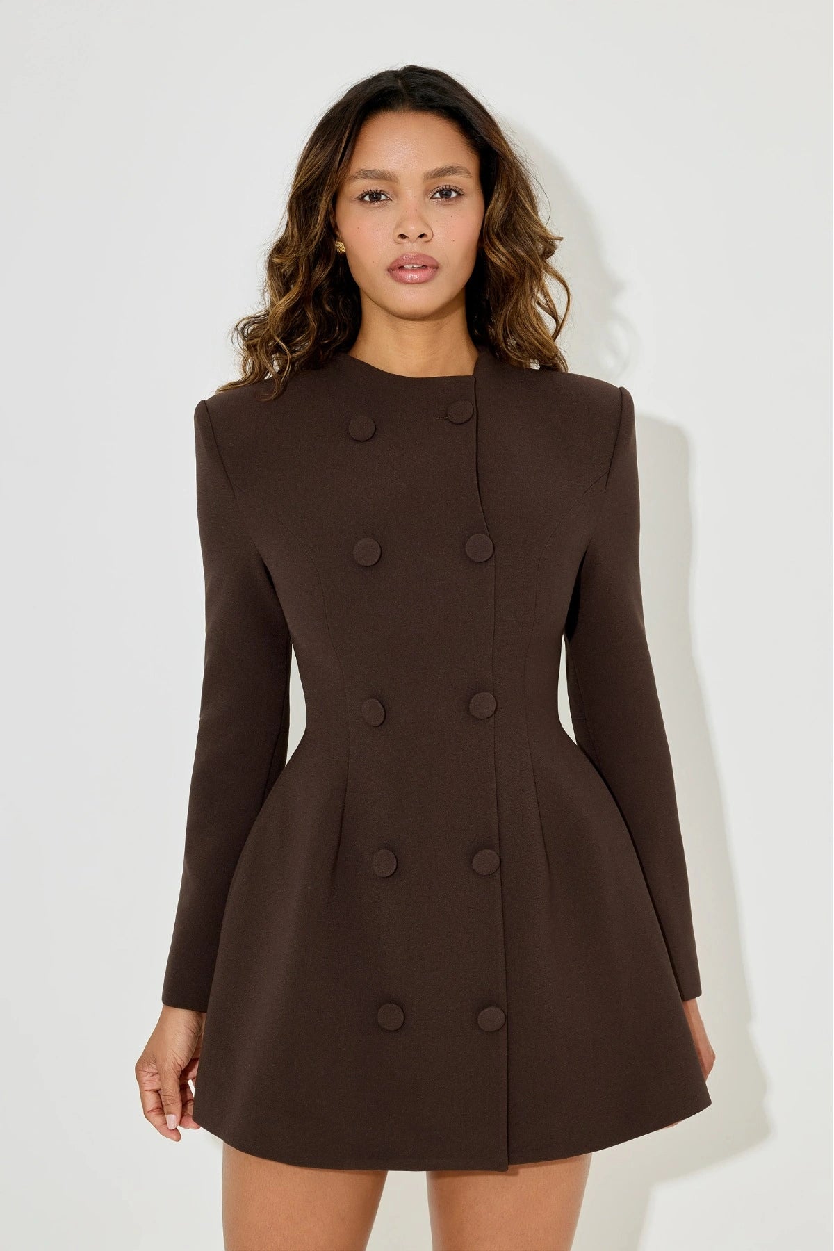 Odd Muse Ultimate Muse Button Mini Dress in dark brown with high neckline, button-up detailing, split sleeves, and tailored mini silhouette.
