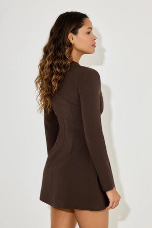 Odd Muse Ultimate Muse Button Mini Dress in dark brown with high neckline, button-up detailing, split sleeves, and tailored mini silhouette.
