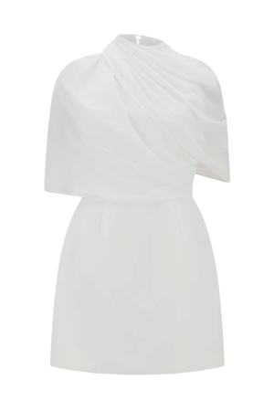 Ultimate Muse Gathered Mini Dress White by Odd Muse, a mesh-draped silhouette with open back and wrap detail. Perfect for modern bridal moments.