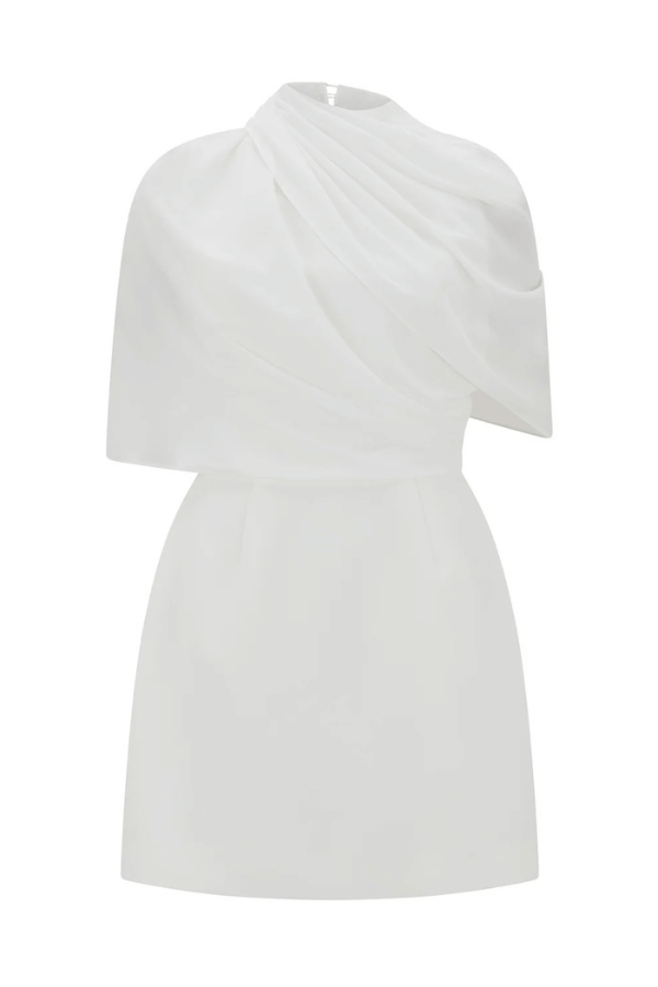 Ultimate Muse Gathered Mini Dress White by Odd Muse, a mesh-draped silhouette with open back and wrap detail. Perfect for modern bridal moments.