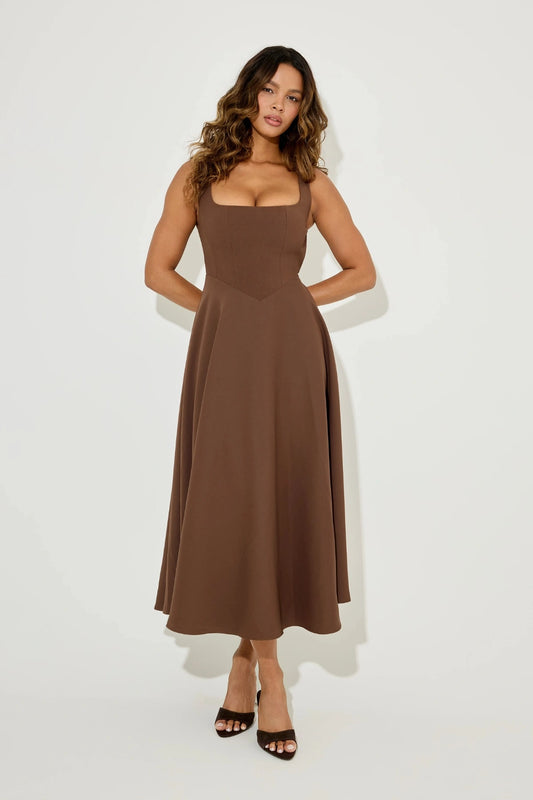 Odd Muse Ultimate Muse High Waist Square Neck Midi Dress in chocolate with built-in cups, square neckline, and elegant midi fit.