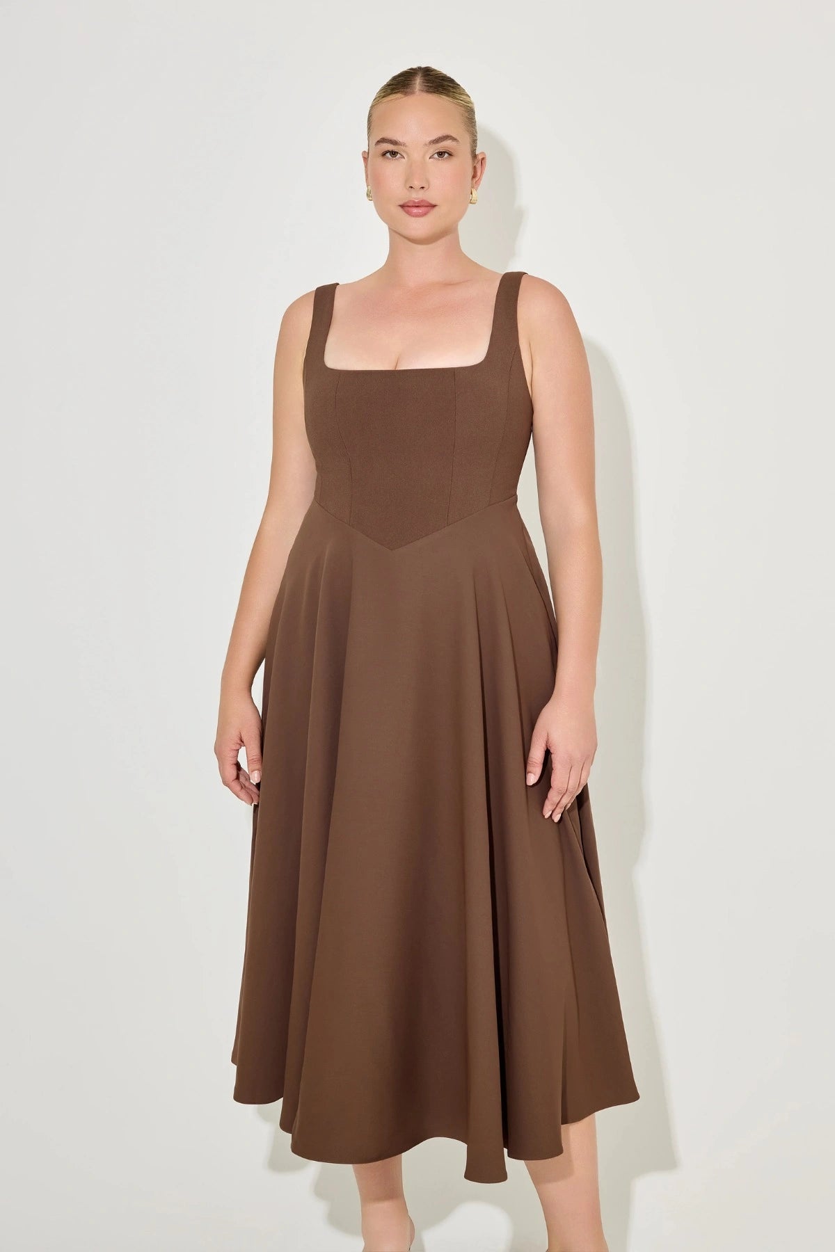 Odd Muse Ultimate Muse High Waist Square Neck Midi Dress in chocolate with built-in cups, square neckline, and elegant midi fit.