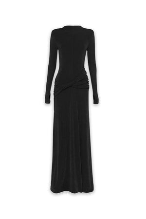 Ode Maxi Dress Black by Mossman – lustrous stretch jersey maxi dress with asymmetric twist waist and long sleeves.