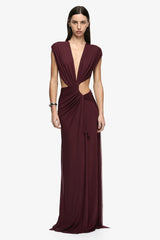 Odea Maxi Dress Plum by Bec + Bridge – soft mesh maxi dress with twist draping, plunging V-neck and cut-out waist.
