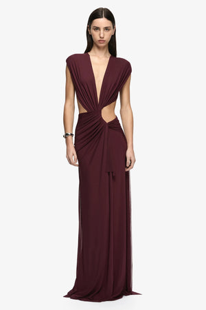 Odea Maxi Dress Plum by Bec + Bridge – soft mesh maxi dress with twist draping, plunging V-neck and cut-out waist.