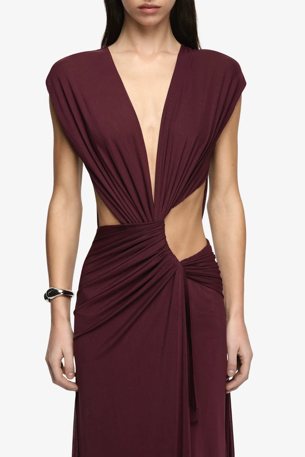 Odea Maxi Dress Plum by Bec + Bridge – soft mesh maxi dress with twist draping, plunging V-neck and cut-out waist.