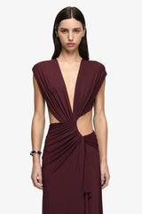 Odea Maxi Dress Plum by Bec + Bridge – soft mesh maxi dress with twist draping, plunging V-neck and cut-out waist.