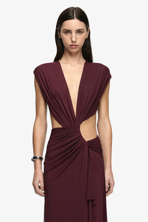 Odea Maxi Dress Plum by Bec + Bridge – soft mesh maxi dress with twist draping, plunging V-neck and cut-out waist.
