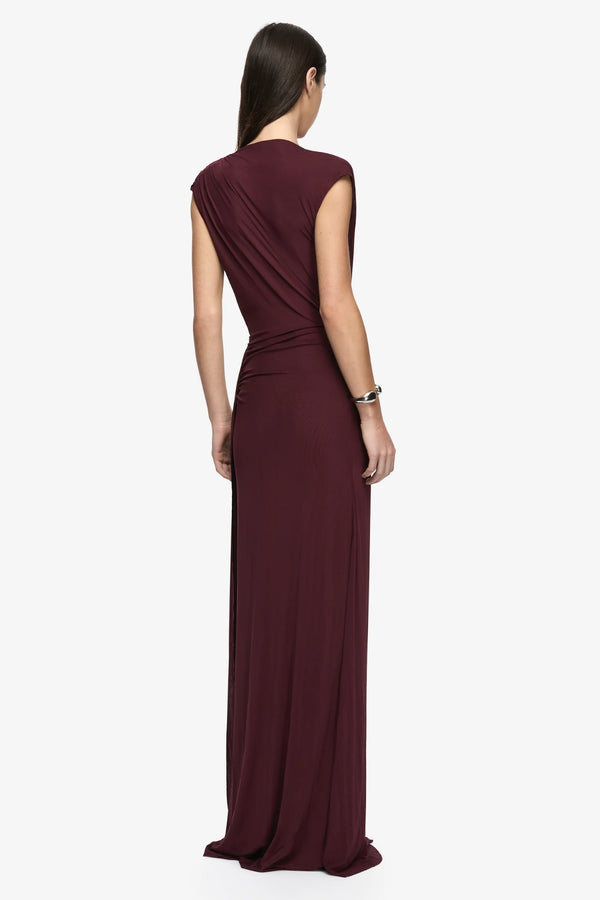 Odea Maxi Dress Plum by Bec + Bridge – soft mesh maxi dress with twist draping, plunging V-neck and cut-out waist.