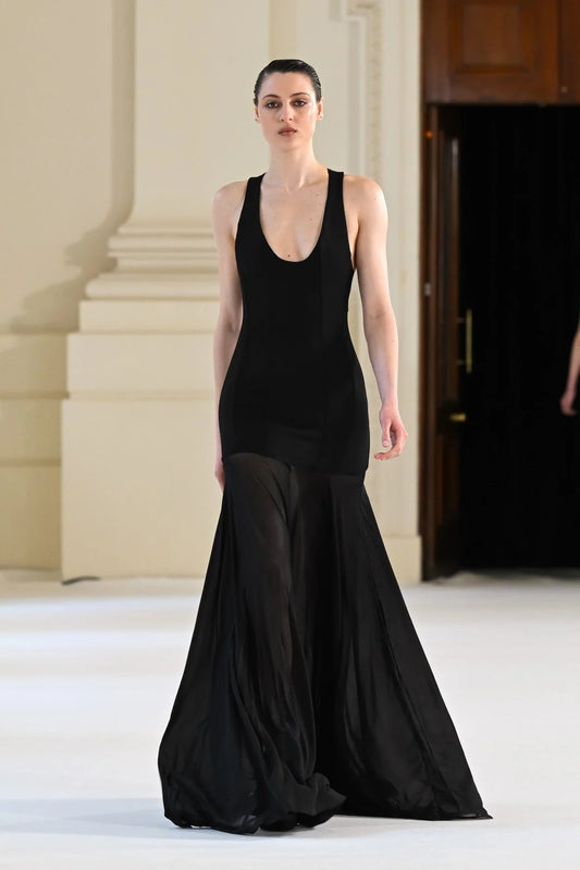 Odessa Gown Black by Effie Kats, a sleek boned crepe bodice with sheer mesh skirt. Perfect for galas or formal evening celebrations.