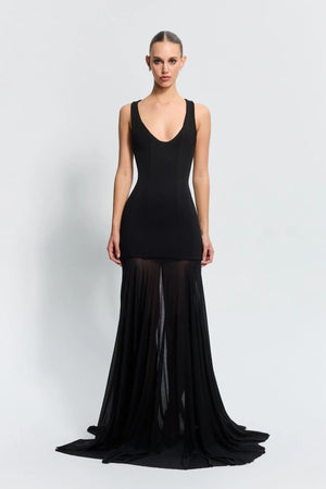 Odessa Gown Black by Effie Kats, a sleek boned crepe bodice with sheer mesh skirt. Perfect for galas or formal evening celebrations.