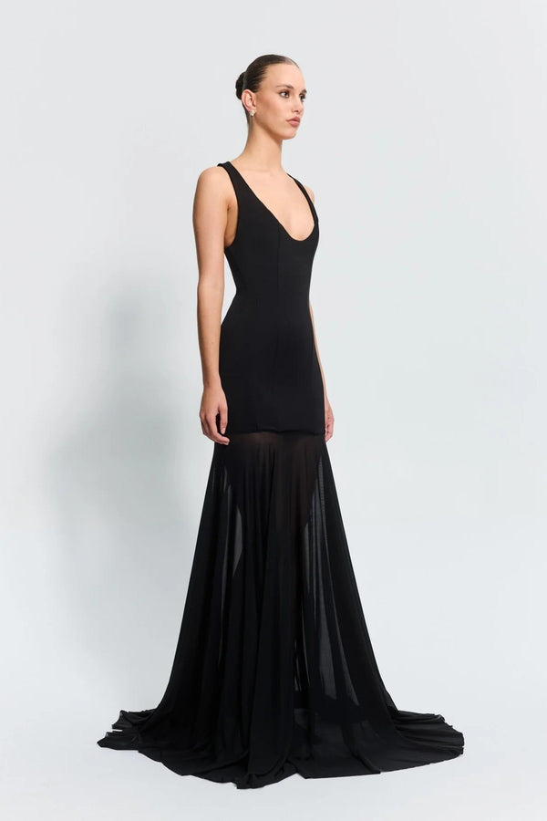 Odessa Gown Black by Effie Kats, a sleek boned crepe bodice with sheer mesh skirt. Perfect for galas or formal evening celebrations.